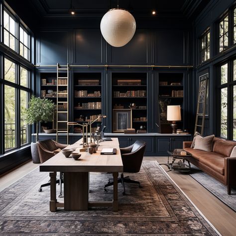 January Midjourney Dump — Living Bright Interiors Mens Study Office, Moody Home Library, Modern Masculine Office, Monochromatic Office, Home Office Masculine, Dark Home Office, Moody Maximalist, Moody Office, Masculine Home Office