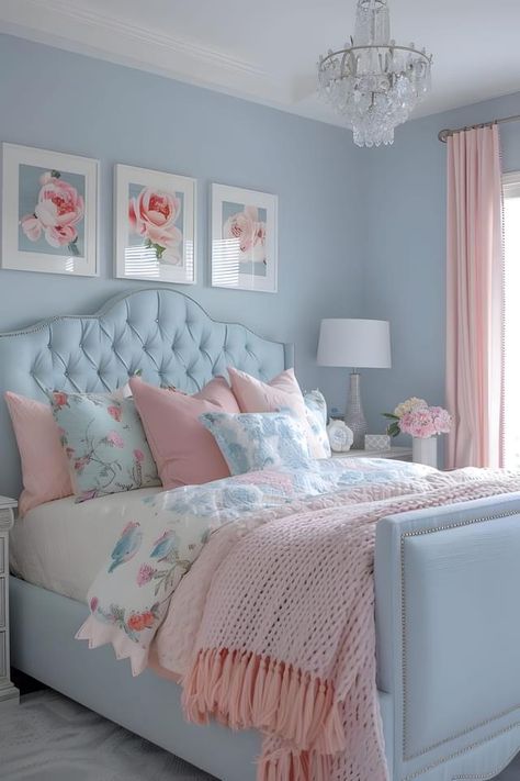 Blue And Pink Girls Bedroom, Light Blue Girls Room, Blue Pink Room, Light Blue And Pink Bedroom, Blue Teen Bedrooms, Girly Series, Pink And Blue Room, Pink And Blue Bedroom, Baby Blue Bedrooms