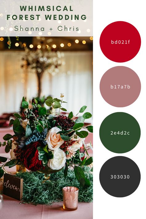 Forest Green And Red Wedding Theme, Burgundy Forest Green Wedding, Woodsy Wedding Color Schemes, Deep Red And Dark Green Wedding, Hunter Green And Maroon Wedding, Forest Green Wedding Colors Colour Palettes, Enchanted Forest Theme Color Palette, Forest Wedding Colors Palette Summer, Green And Red Wedding Colors