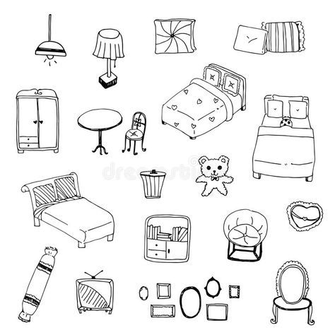 Bedroom Drawing Easy, Bed Drawing Sketches, Drawing Of Bedroom, Bedroom Doodle, Bed Drawing Easy, Furniture Doodle, Bedroom Decor Drawing, Bedroom Drawing Sketches, Bed Sketch