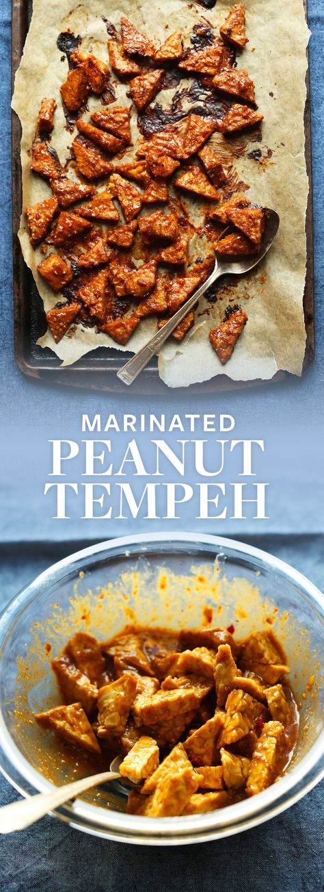 Saucy, baked tempeh marinated in a spicy-sweet peanut sauce! Super flavorful, heart and perfect for topping noodles, salads and more! Vegan + gluten free! Peanut Tempeh, Baked Tempeh, Appetizers Vegetarian, Tempeh Recipes, Seitan, Peanut Sauce, Tofu Recipes, Vegetarian Meals, Tempeh