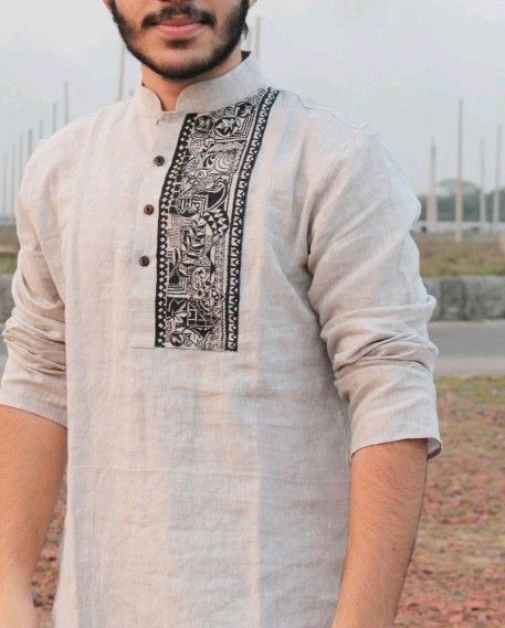 Men Panjabi Design, Navratri Kurta For Boys, Mens Navratri Kurta Designs, Panjabi For Men Bengali, Onam Dress Code For Men, Fabric Painting On Kurta For Men, Men Kurta Embroidery Design, Hand Painted Panjabi Design For Men, Kurta Painting Design For Man