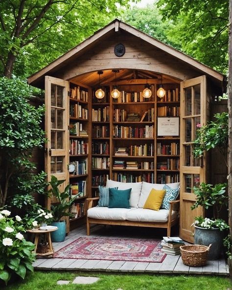 Garden Reading Nook Outdoor, Book Shed Ideas, Outdoor Library Design, She Shed Library, Reading Shed, Book Shed, Cabin Layout, Book Cottage, She Shed Interior