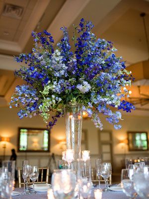 Wedding Centerpieces Tall, Blue Flower Centerpieces, Tall Flower Centerpieces, Blue Flower Arrangements, Blue Centerpieces, Large Flower Arrangements, Dusty Blue Wedding, Royal Blue Wedding, Blue Wedding Flowers