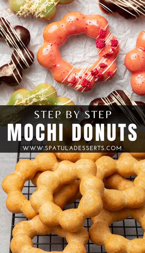 Crazy delicious mochi donuts for summer Fun Donut Recipes, Puffy Donut Recipe, Things To Bake Easy Desserts, Advanced Dessert Recipes, Asian Donut Recipe, Savory Mochi Recipe, Poi Mochi Donut Recipe, Amazing Baked Goods, How To Make Mochi Donut