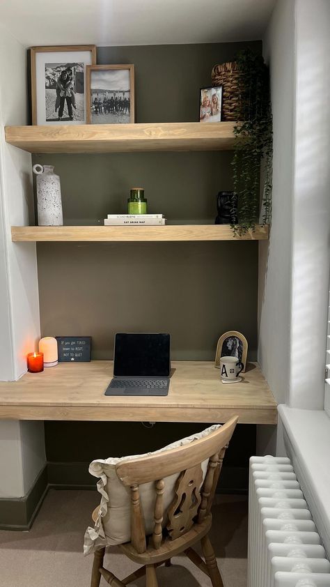 ALEX | DIY, Upcycling & Style | ALCOVE DESK SHOPPING LIST 📐 so you want to add a desk in your unused alcove but you’re not sure where to start. I have added a full… | Instagram Alcove Office Ideas Desks, Small Office Nook In Living Room, Home Office Alcove, Small Corner Office Space, Alcove Desks, Tiny Office Decor, Desk In Alcove, Alcove Desk Ideas, Alcove Ideas Bedroom