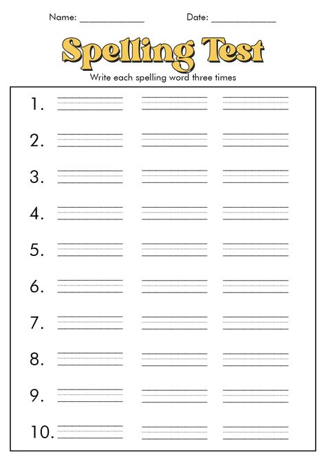 One To Ten Spelling Worksheet, Blank Spelling Worksheets Free Printable, Spelling Practice Activities Free, Spelling Sheets Free Printable, Spelling Test Ideas, Spelling Test Template Free Printable, Homeschool Spelling, Spelling Practice Activities, Spelling Practice Worksheets