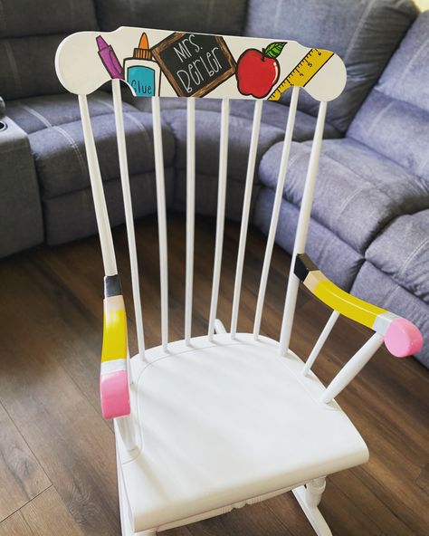 Rocking Chair Teacher, Hand Painted Rocking Chair, Classroom Rocking Chair Diy, Teacher Painted Chair, Diy Teacher Chair, Painted Rocking Chairs For Classroom, Teacher Rocking Chair Painted, Teacher Rocking Chair, Classroom Rocking Chair