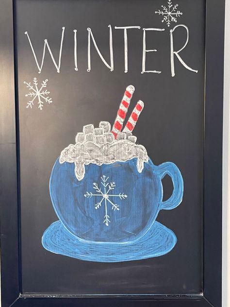 Winter Chalkboards Ideas, Winter Chalkboard Art Simple, Hot Chocolate Chalkboard Art, Chalkboard Winter Art, December Chalkboard Art, Gingerbread Chalkboard Ideas, Chalkboard Winter Ideas, Winter Chalkboard Ideas Easy, Chalkboard Art Winter