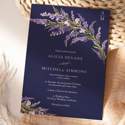 $1.98 | Fall autumn lavender floral watercolor wedding #classic wedding invite, flourish outlines flowers, flourish calligraphy, couple initials monogram, fall autumn weddings ceremony, loose garden flowers, botanical floral watercolor, green and brown foliage, purple lavender branches, elegant simple minimalist ceremony April Wedding Colors, Navy Wedding Theme, Mum Wedding, Slate Blue Wedding, Dark Blue Wedding, Baby Blue Weddings, Purple Wedding Theme, Watercolor Wedding Invitation, April Wedding