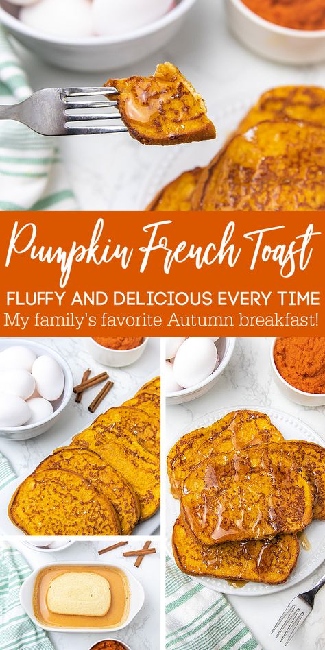 Pumpkin French Toast is going to be a game-changer for your breakfast meal. This French toast is loaded with warm cinnamon and pumpkins pie spice as well as pumpkin puree. Give this easy pumpkin spice French toast a try today! #passion4savings #pumpkin #pumpkinspice #breakfast #fall #autumn #texastoast #easy #fallflavor Pumpkin French Toast Bake Overnight, Pumpkin French Toast Recipe, Easy Pumpkin French Toast, Pumpkin Spice French Toast Recipe, Pumpkin Bread French Toast, Pumpkin Frittata, Pumpkins Pie, Breakfast Toddler, Pumpkin Pie French Toast