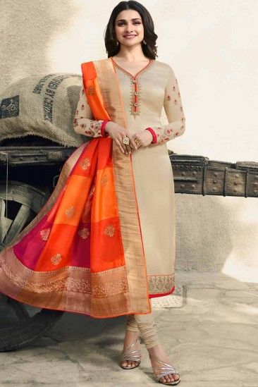 Attractive Georgette Beige Churidar Suit - LSTV02309 Silk Suit Designs Indian, Suits Design Latest, Orang India, Suit Neck Designs, Beige Embroidery, Silk Kurti Designs, Prachi Desai, Kurti Designs Latest, Kurti Designs Party Wear