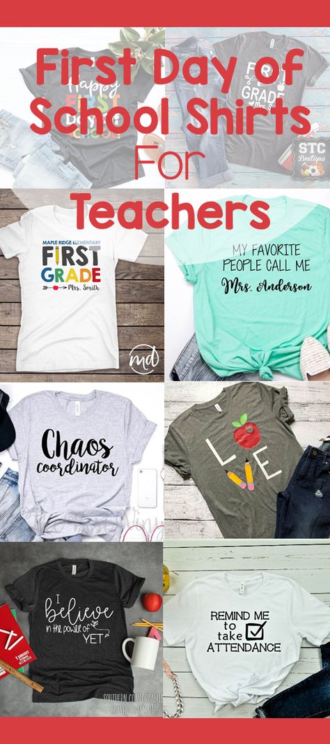 Have a happy first day of school with these cute teacher shirt ideas. Welcome your class into the new year with a fun saying on your shirt. Teacher Tshirt Ideas Elementary Schools, Back To School Funny T-shirt With Text, Cute T-shirt For Teacher Appreciation Back To School, Back To School T-shirt With Text Print For Teaching, Funny Teacher Appreciation T-shirt For Back To School, Cotton T-shirt For Teaching, Back To School, Teacher Tee Shirts, School Shirt Designs, Kindergarten Teacher Shirts