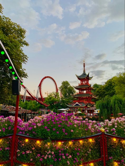 Tivoli gardens, Copenhagen, sunset, Copenhagen Tivoli, Copenhagen Summer, Tivoli Gardens Copenhagen, Tivoli Copenhagen, Copenhagen Aesthetic, Barcelona Architecture, Copenhagen Travel, Denmark Travel, Tivoli Gardens