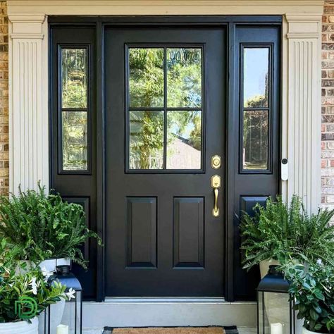 Katie Glaister's London house is a masterclass in adding personality Black Front Door With Windows, Front Door Ideas Black, Black Farmhouse Front Door, Charcoal Front Door, Painting Your Front Door, Door Renovation, Black Garage Door, Exterior Front Door Colors, Front Door Black