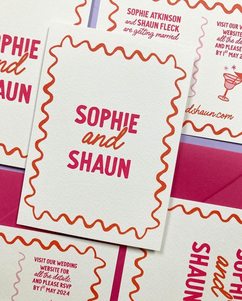 Some juicy invites to match a bespoke website. Love this simple, fun design (and the couple, as it goes!) —— Images are of off-white rectangular textured cards with a hand drawn wavy red border and bold pink type. • • • #savethedate #weddinginvites #colourfulwedding #altwedding #newcastlewedding #northernwedding #citywedding #weddingcocktails #bespokeweddingstationery #weddingstationerydesign Alt Wedding, Bespoke Wedding Stationery, Wedding Stationery Design, Red Border, Wedding Cocktails, City Wedding, Fun Design, Wedding Website, Invitation Design