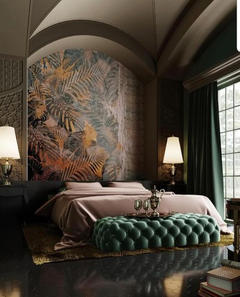 Whoa. So beautiful. 1920s Aesthetic Gatsby Bedroom, Black Walls Interior Design, Modern Art Deco Bedroom, बेडरूम डिजाइन, Opulent Bedroom, Design Ložnic, Island Bedroom, Bedroom Design Trends, Interior Design Per La Casa