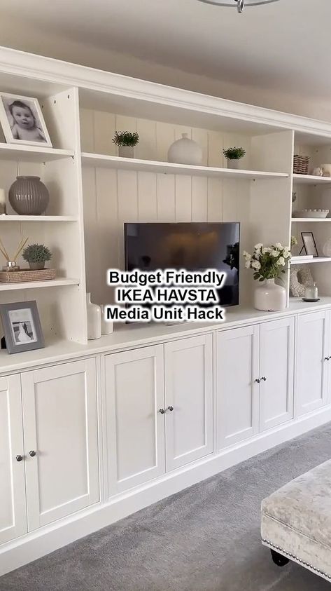 Save £££ on a luxe-look media unit and give this budget friendly version a try! 😍 Frenchic Fan Kayla (over at @reynoldsresidence) created a bespoke media unit for a fraction of the price using 2 IKEA HAVSTA cabinets, 2 HAVSTA storage units, MDF and Frenchic! Opting for our soft, slightly off-white shade 'Wedding Cake' from the self prime and self sealing The Lazy Range to match her light and airy aesthetic. 🤍🌾 Throw on some antique gold handles and you have yourself a stylish and modern media Ikea Hauga Tv Unit Hack, Ikea Havsta Living Room, Ikea Media Unit, Havsta Ikea Living Room, Ikea Media Wall Hack, Ikea Media Wall, Entertainment Center Ikea, Light And Airy Aesthetic, Ikea Entertainment Center