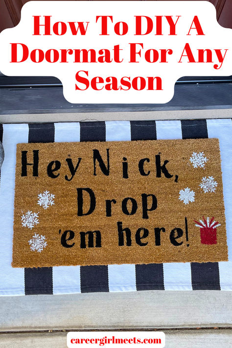 Check out this easy article for how to DIY a doormat for any occasion! Whether you are making one for Halloween, Thanksgiving, Christmas, or for everyday use these creative floor mat ideas will do the trick! You can use stencils (or cricut) and paint for this project. So put on some old clothes and have fun with this simple doormat project! 

 // fall diy doormat // diy doormat project // christmas // any occasion // How To Make A Doormat, How To Paint Door Mat, Diy Christmas Mat, Diy Outdoor Mat, Door Mat Painting Diy, Painting Door Mats Diy, Christmas Door Mat Diy, Diy Vases Ideas Decoration, Diy Painted Doormat