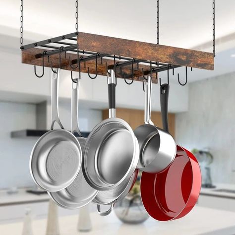 Pan Rack Hanging, Hanging Pots And Pans, Brown Ceiling, Plate Rack Wall, Pan Hanger, Hanging Pot Rack, Ceiling Kitchen, Stackable Shelves, Pan Storage