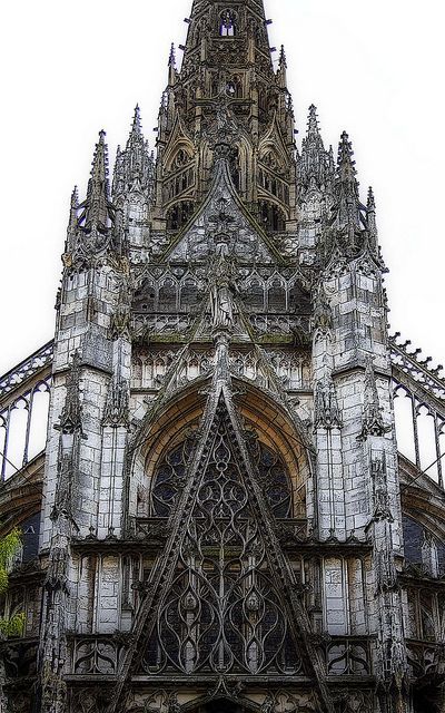 LATER FRENCH GOTHIC: St. Maclou, Rouen, France, C. 1500-1514. While the Renaissance was already in full swing in Italy, the French were pushing the extremes with elaborate ornamentation as seen in the exquisite traceries of St. Maclou. Considered one of the best examples of the "Flamboyant style" of Gothic architecture in France.: Architecture Antique, Architecture Cool, Rouen France, French Gothic, Gothic Buildings, Rose Window, Gothic Church, Gothic Design, Cathedral Church