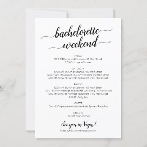 Elegant Bachelorette Weekend Itinerary Invitation for $2.75 - Bachelorette Invitations Birthday Itinerary, 40th Party Ideas, Itinerary Invitation, Elegant Birthday Invitations, Bachelorette Weekend Itinerary, Agenda Ideas, Minimalist Birthday, Itinerary Ideas, Mermaid Birthday Invitations