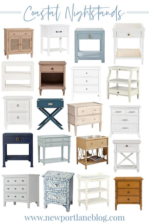 Coastal style nightstands are popular right now! This post features lots of choices for different budgets, white, driftwood and coastal living nightstands! Coastal Night Stands, California Style Bedroom Coastal, Coastal Night Stand Ideas, Coastal Living Bedroom Ideas, Modern Costal Bedroom Design, Beach Bedroom Ideas Coastal Style Interior Design, Modern Coastal Nightstands, New England Beach House Coastal, Coastal Modern Home Decor