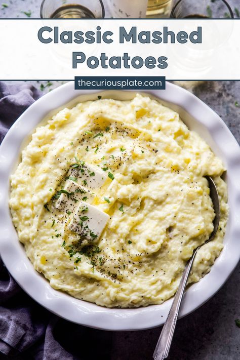 You can never go wrong with a classic, and this mashed potatoes recipe is the ultimate side dish to make this holiday season. These creamy, buttery mashed taters are easy to make using 5 ingredients only! Serve it with any entrée for a filling meal this Thanksgiving or any time of the year. Pop over to my site for the recipe! | side dishes | thanksgiving recipes | christmas recipes | budget recipes | Mashed Potatoes Creamy, Classic Mashed Potatoes, Comfort Dinner, Mashed Potatoes Recipe, Hearty Dinner Recipes, Flavorful Vegetables, Side Dishes For Bbq, Delicious Thanksgiving, Holiday Goodies