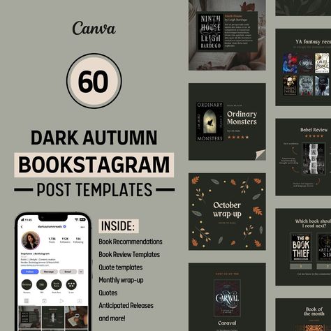 Elevate your bookstagram with a cohesive aesthetic! This collection of 60 editable Instagram Story templates captures the essence of cozy autumnal vibes.  Designed for bookstagrammers, book bloggers, writers, and authors, these templates will help you create visually captivating and memorable content that stands out from the crowd.  

**Here's what you'll receive:**

* 60 Instagram Story Templates compatible with Canva
* A video tutorial demonstrating how to effortlessly edit the templates in Canva

This is a digital download. Upon purchase, you'll receive an email from Etsy containing a PDF file with links to access your templates, a bonus PDF guide, and instructions on how to watch the tutorial.  
.#CanvaTemplates #InstagramTemplates #FreeTemplates #IdeasForCanva #SocialMediaDesigns Dark Academia Layout, Canva Bookstagram, Book Instagram Post, Bookstagram Feed, Bookstagram Templates, Bookstagram Aesthetic, Bookstagram Posts, Book Review Template, Publication Instagram