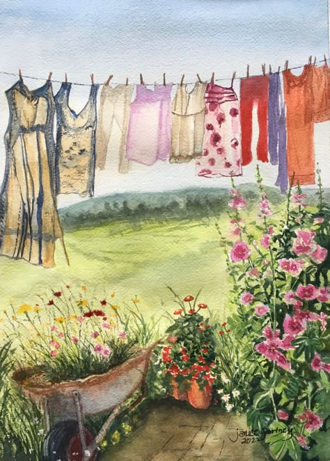 Clothes Line Watercolor Painting, Country Watercolor Painting, Clothesline Painting, Watercolor Laundry, Laundry Garden, Cake Picnic, Laundry Art, Farmhouse Paintings, Different Forms Of Art