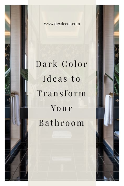 Dark-themed bathroom design with black tiles and tall mirrors on either side. Bathroom Wall Colors With Dark Cabinets, Bathroom Moody Decor, Dark Painted Small Bathrooms, Guest Bathroom Ideas Moody, Half Bath Dark Walls, Behr Dark Moody Colors, Dark Bathroom Vanities, Dark Paint Powder Room, Moody 1/2 Bath