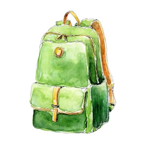 School Watercolor Illustration, School Bag Sketch, School Bag Painting, Bag Drawing Sketch, School Bag Illustration, School Bag Drawing, Watercolor Objects, School Watercolor, Backpack Drawing