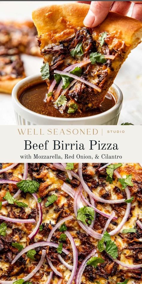 Fancy Homemade Pizza, Cold Pizza Recipe, Birria Leftover, Diy Pizza Ideas, Special Pizza Ideas, Birria Leftover Recipes, Birra Pizza Recipe, Bbq Brisket Pizza, Cool Pizza Ideas