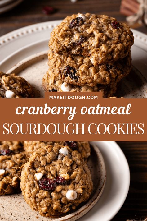 Cranberry Oatmeal Sourdough Cookies Recipe Sourdough Cookies Oatmeal, Sourdough White Chocolate Cranberry Cookies, Sourdough Cranberry Cookies, Sourdough Fall Cookies, Fall Sourdough Cookies, Discard Oatmeal Cookies, Sourdough Lactation Cookies, Cranberry Bagels Recipe, Sourdough Holiday Cookies