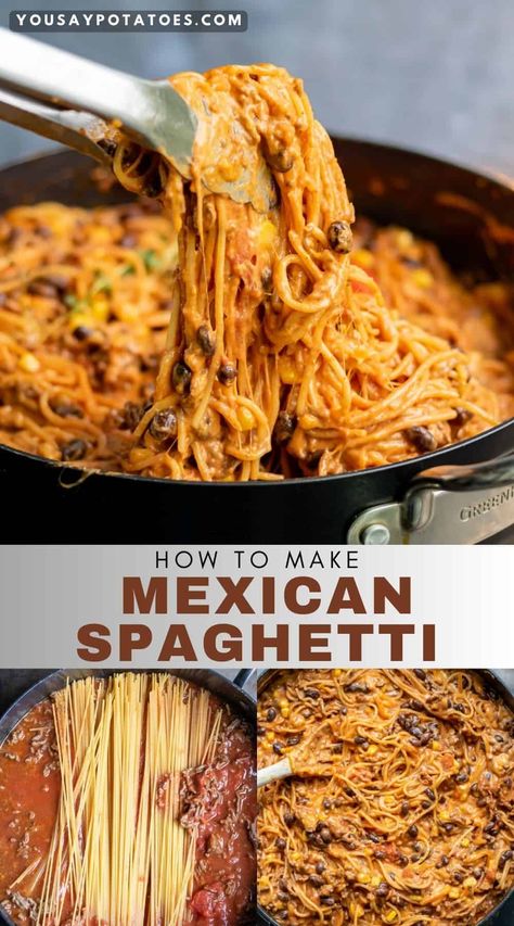 Mexican Spaghetti Ground Beef Black Beans Corn Recipes, Ground Beef And Black Beans, Ground Beef And Black Bean Recipes, Black Bean Spaghetti Recipes, Spaghetti Beef Recipe, Black Bean Spaghetti, Black Bean Pasta, Mexican Spaghetti, Spagetti Recipe