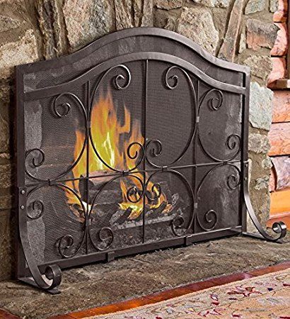 Plow & Hearth Crest Large Flatguard Fireplace Screen Wrought Iron Heavy Duty Metal Mesh Decorative Scroll Work Black Powder Coat Finish Free Standing Spark Guard, 44 W x 33 H Center, 27 1/4 H Ends Fireplace Screens With Doors, Iron Fireplace Screen, Metal Fireplace, Soya Mumu, Fireplace Shelves, Fireplace Doors, Iron Fireplace, Small Fireplace, Fireplace Entertainment