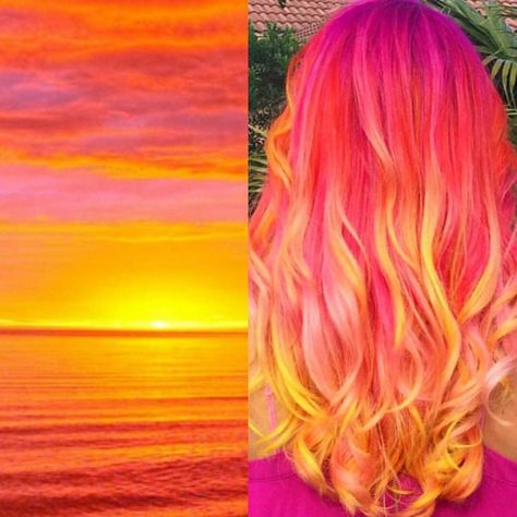 Sunset (purple, pink, blood orange, canteloupe, yellow, peach, magenta) mixed ombre Sunset Hair Color, Sunset Hair, Hair Colour Design, Rainbow Hair Color, Hair Color Crazy, Bright Hair, Yellow Hair, Ombre Hair Color, Dye My Hair