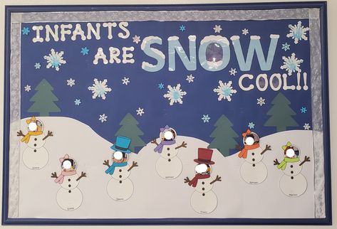 January Infant Classroom Door Ideas, Infants Christmas Bulletin Board, December Bulletin Boards For Daycare, Infant Winter Door Ideas, Christmas Bulletin Board Ideas For Infant Room, Infant Snowman Art, Christmas Decor Ideas For Infant Classroom, Winter Boards Bulletin For Daycare, Infant Christmas Bulletin Boards