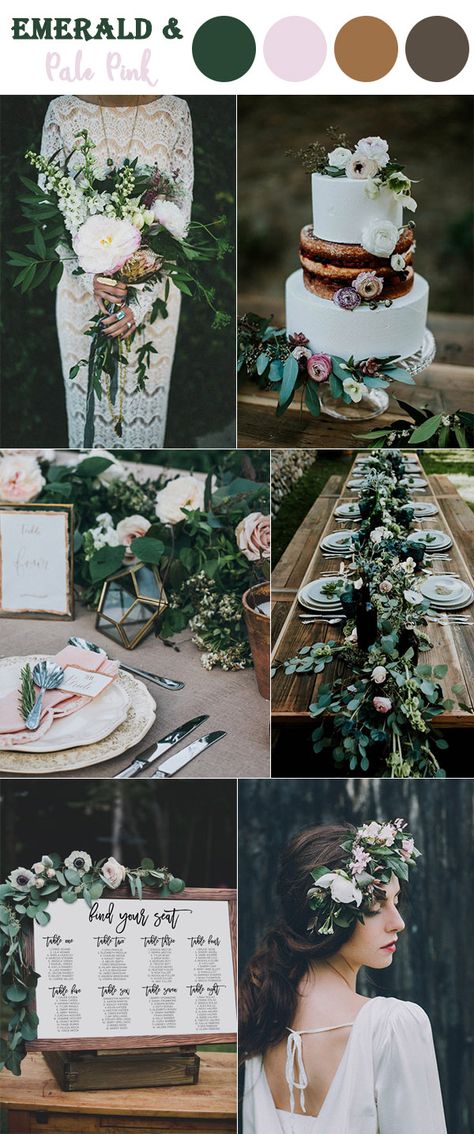 emerald green and pale pink woodland fall wedding colors Wedding Color Schemes Summer, Rustic Wedding Colors, Rustic Wedding Decorations, Wedding Color Combos, Emerald Green Weddings, Emerald Wedding, Fall Wedding Colors, Forest Wedding, Elegant Wedding Invitations