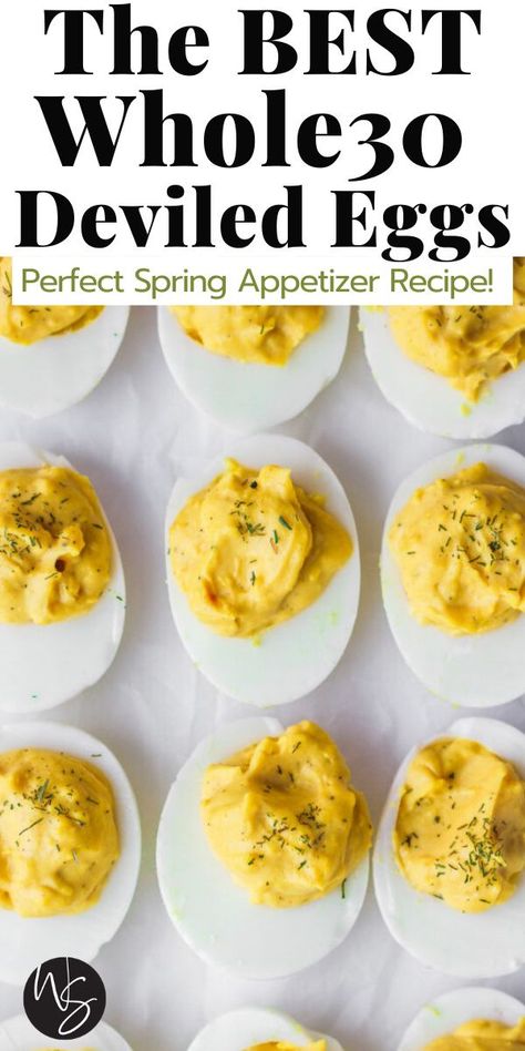 The BEST Whole30 Deviled Eggs – the perfect spring appetizer! This classic recipe is easily made Whole30/paleo, clean eating! Make this recipe for any appetizer or use all of your Easter hard boiled eggs up with the delicious and healthy snack. #TheBestDeviledEggs #Whole30DeviledEggs #TheWoodenSkillet Whole 30 Deviled Eggs, Whole30 Deviled Eggs, Healthy Snacks For Superbowl, Low Cal Deviled Eggs, Whole 30 Easter Recipes, Gluten Free Deviled Eggs, Whole 30 Easter, Carnivore Deviled Eggs, Whole 30 Appetizers