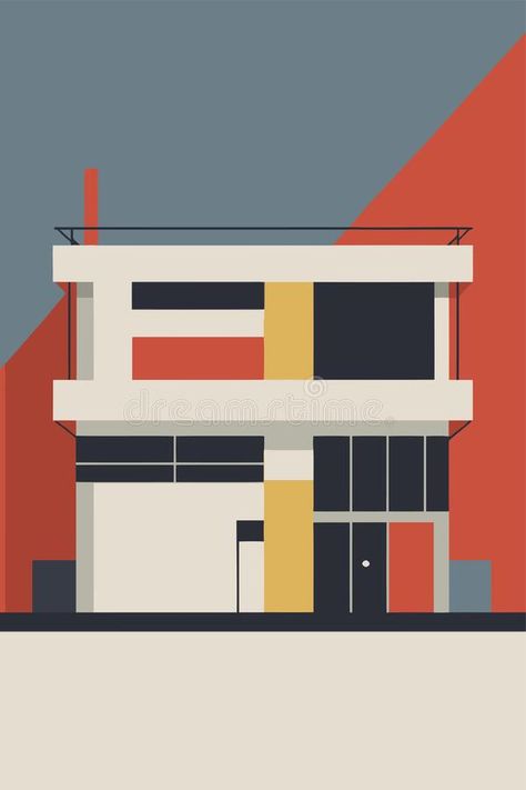 Modern House Wall, Bauhaus Design Architecture, Bauhaus Illustration, Piet Mondrian Painting, Graphics Architecture, Bauhaus Building, Bauhaus Architecture, Guavas, Minimalist Flat