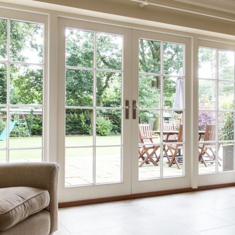 Historic wooden French doors Living Room French Doors To Outside, Two Sets Of French Doors To Patio, French Doors With Windows On Each Side, Double French Doors Living Room, Multiple French Doors, Alaska Cottage, Triple French Doors, Large Patio Doors, Extension Doors