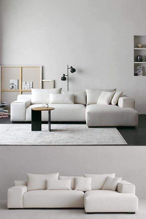 L-Shaped Sectional Sofa, 3 Seat Upholstered Couch with Solid Wood Legs for Living Room, Bedroom and Lounge, Right Hand Facing Chaise, White White L Shaped Couch, White L Couch, White L Shaped Sofa, Seats For Living Room, Modern Minimalist Sofa, L Sofas, White Leather Sofas, Couch Ideas, Ideal House