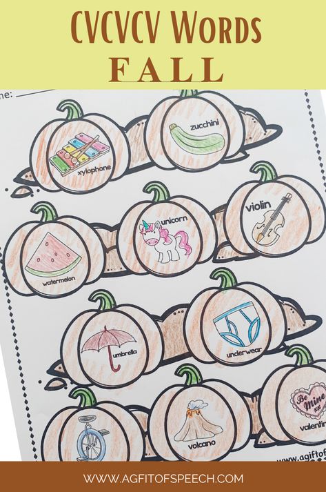 Fall multisyllabic CVCVCV words articulation for syllable reduction and apraxia. This no-prep print-and-go articulation activity was created to support your student's multisyllabic (CVCVCV) articulation goals with fall themed activities. This Fall apraxia and syllable reduction words resource include 40 different words with 4 practice pages each. Use this articulation activity with your in-person groups or online. Pragmatic Language Activities, Multisyllabic Word Activities, Multisyllabic Words Activities, Fall Themed Activities, Activities For Speech Therapy, Childhood Apraxia Of Speech, Phonological Processes, Multisyllabic Words, Articulation Activities