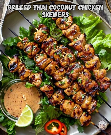 Grandma's Tasty Recipes Paleo Chicken Skewers, Grilled Thai Coconut Chicken Skewers, Thai Coconut Chicken Skewers, Thai Skewers, Coconut Chicken Skewers, Chicken Skewers Marinade, Thai Chicken Skewers, Skewers Recipes, Thai Grilled Chicken