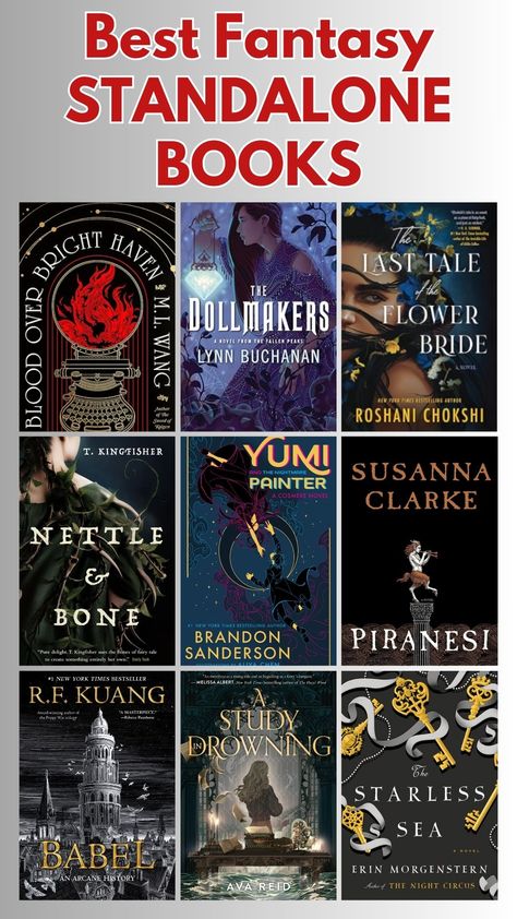 A collage of the best fantasy standalone books: blood over bright haven, the dollmakers, the last tale of the flower bride, nettle and bone, yumi and the nightmare painter, Piranesi, babel, a study in drowning, and the starless sea Best Standalone Fantasy Books, Popular Fantasy Books, Fantasy Books To Read Magic, Book Suggestions Reading Lists, Standalone Fantasy Books, Ya Book Recommendations, Fantasy Book Recommendations, Best Book Series, Standalone Books