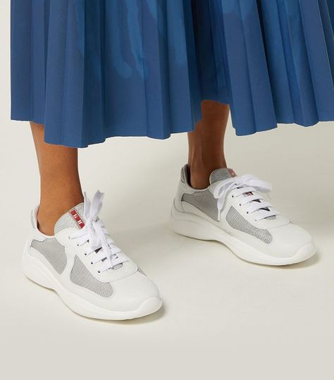 Prada America's Cup Mesh and Leather Trainers Prada Sneakers Women Outfit, Prada Americas Cup Sneakers Outfit, Prada Sneakers Women, Prada Americas Cup, Prada Trainers, Trainers Outfit, Prada Sneakers, Sneaker Outfits Women, America's Cup