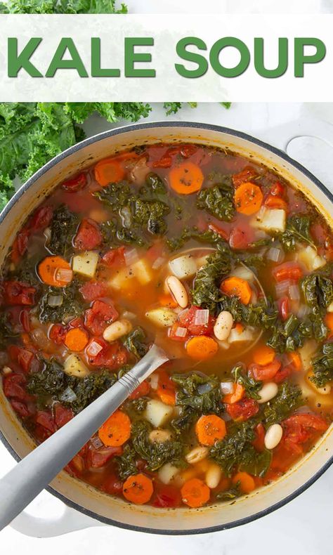 A hearty, wholesome and satisfying vegetarian soup full of fresh kale, white beans, potatoes and carrots in a deliciously seasoned broth. Vegetarian Kale Soup Recipes, Vegetable Kale Soup Recipes, Recipes For Kale Soup, Kale Carrot Soup, Kale And Spinach Soup, Kale And Cabbage Soup, Soup With Kale Recipes, Soups With Kale, Low Cholesterol Soup