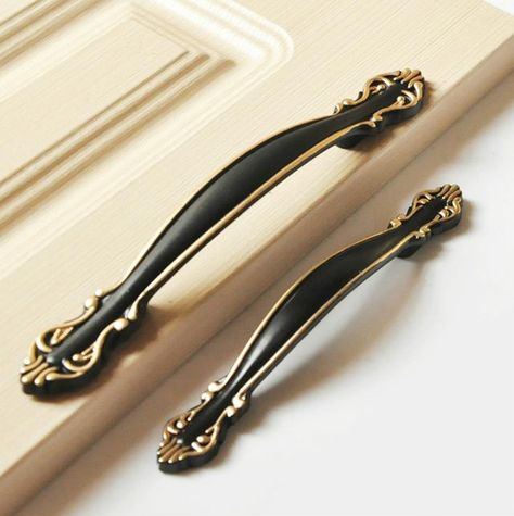 Shabby Chic Dresser Drawer Pulls Handles Off Black gold / French Country Kitchen Cabinet Handle Pull Antique Furniture Hardwar by LBFEEL on Etsy Dressing Table Handles, Black And Bronze Kitchen, French Country Kitchen Cabinets, Simple Dressing Table, Bronze Dresser, Gold Cabinet Pulls, Closet Door Handles, Retro Cabinet, Country Kitchen Cabinets