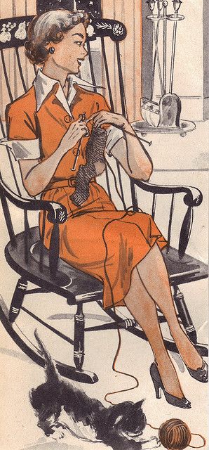 This was me tonight! Except my rocker is also a recliner, my cat is a dog, and my not wearing pants looks slightly different... Knitting Illustration, Vintage Housewife, Knitting Humor, Knit Art, Images Vintage, Cats Illustration, Downton Abbey, Vintage Pictures, Loom Knitting